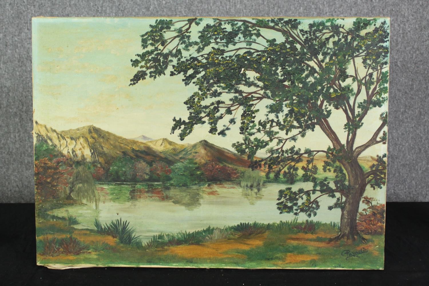 An oil on canvas, a lake and hills signed Paradis, 20th century. H.47 W.65cm. - Bild 2 aus 4