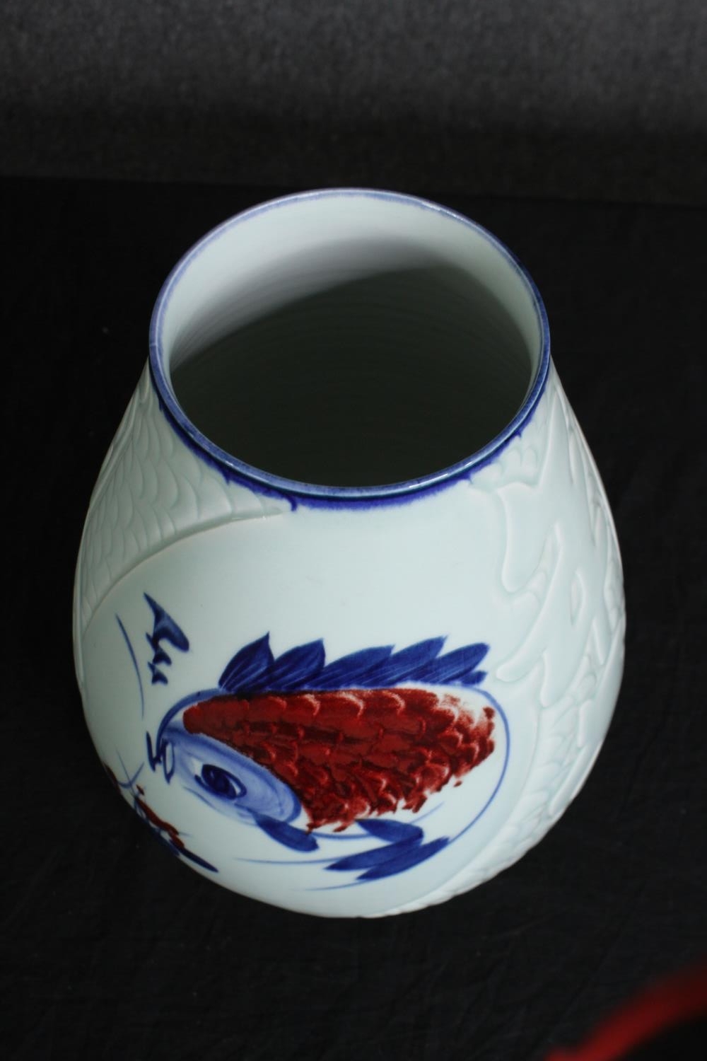 A large 20th century Japanese celadon glaze vase with stylised koi carp and incised scale texture, - Image 2 of 5