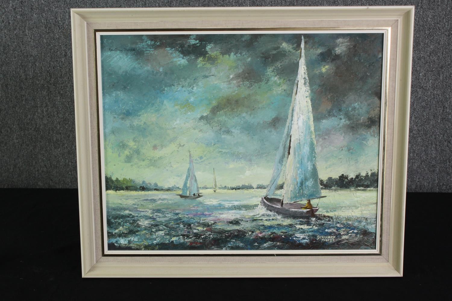 Geoffrey Thorpe, a framed oil on board of sailing boats, entitled 'One Plus Two'. H.49 W.59cm. - Image 2 of 4