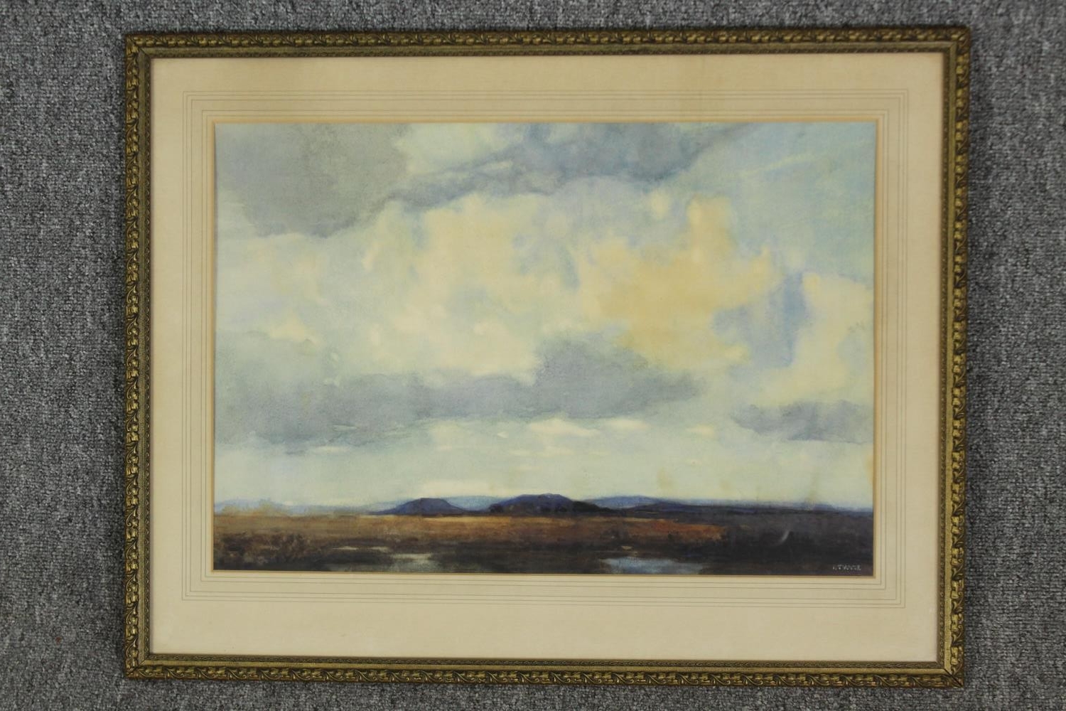 A framed and glazed watercolour, distant hills. signed H T Wyte. H.53 W.70cm. - Image 2 of 4