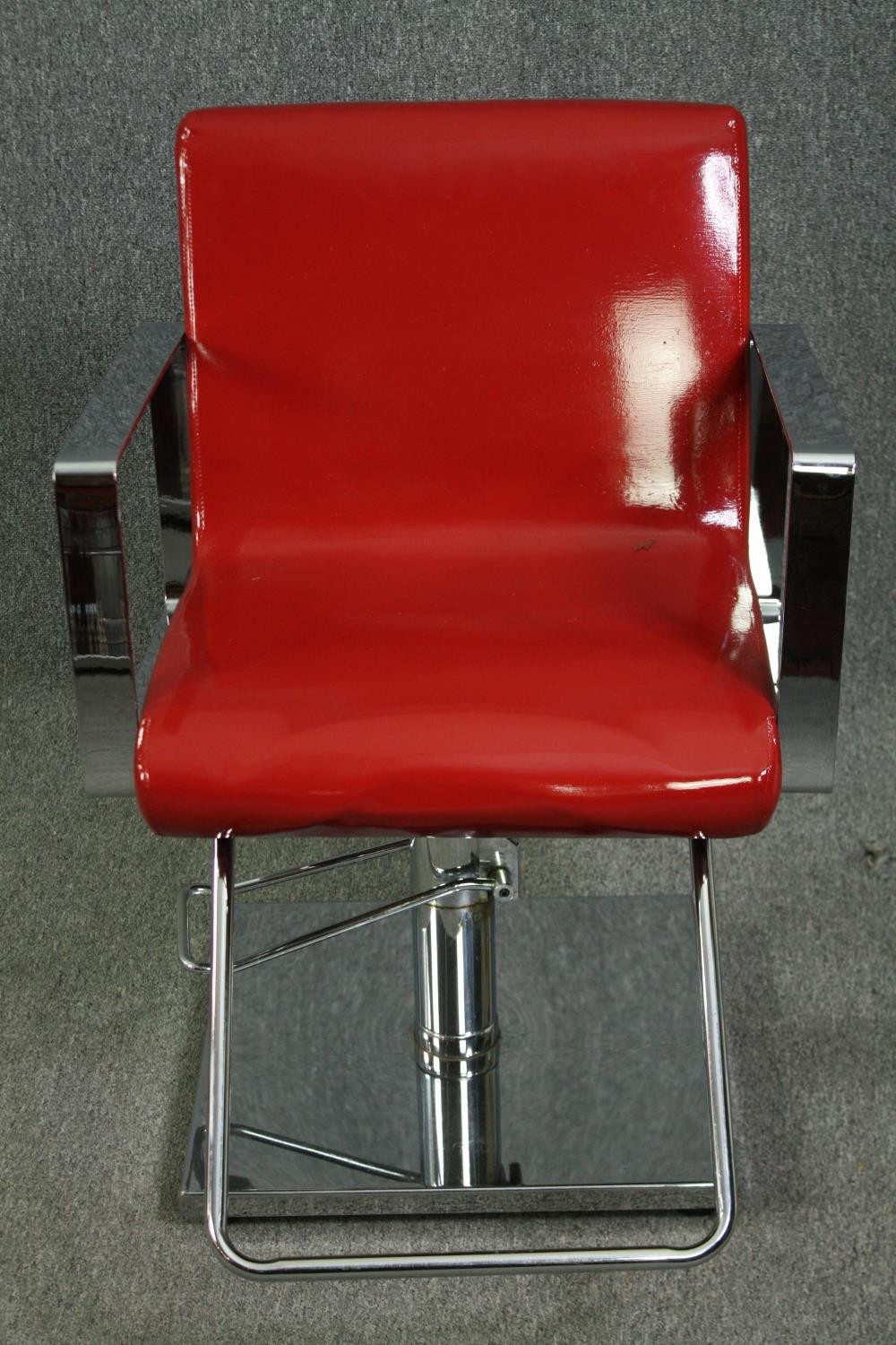 A pair of chrome barber shop chairs H.87cm. (each) with faux leather upholstery refinished in - Image 2 of 6