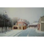 K.B. Hanock (1925-2014), a snowy winter landscape of a street. H.66 W.76cm.