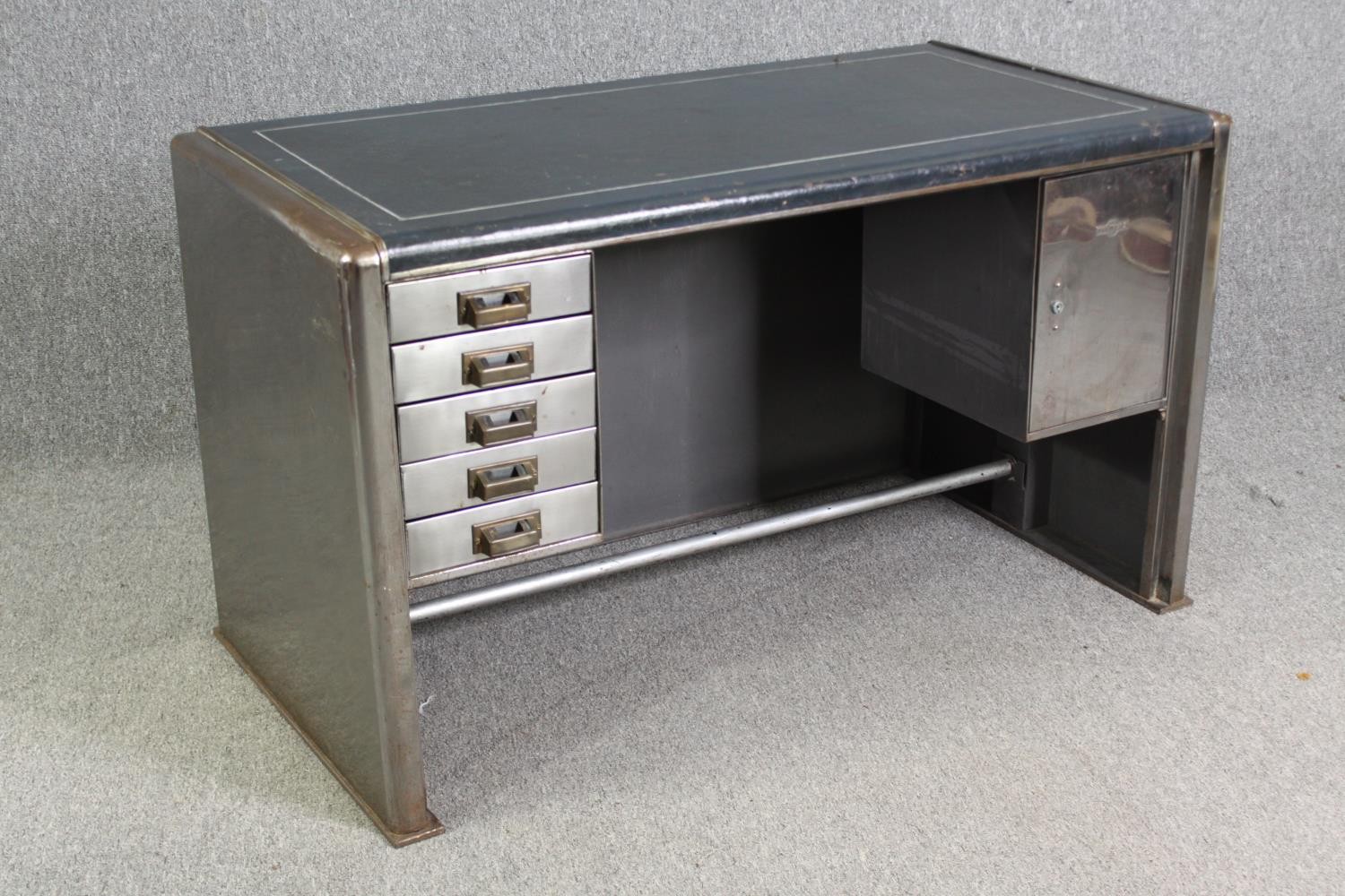 An industrial steel and leather desk by Harvey Milner, H.72 W.121 D.62cm. - Image 2 of 11