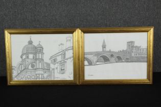 A pair of prints depicting Verona and Venice, in giltwood frames. H.37 W.47cm. (each).
