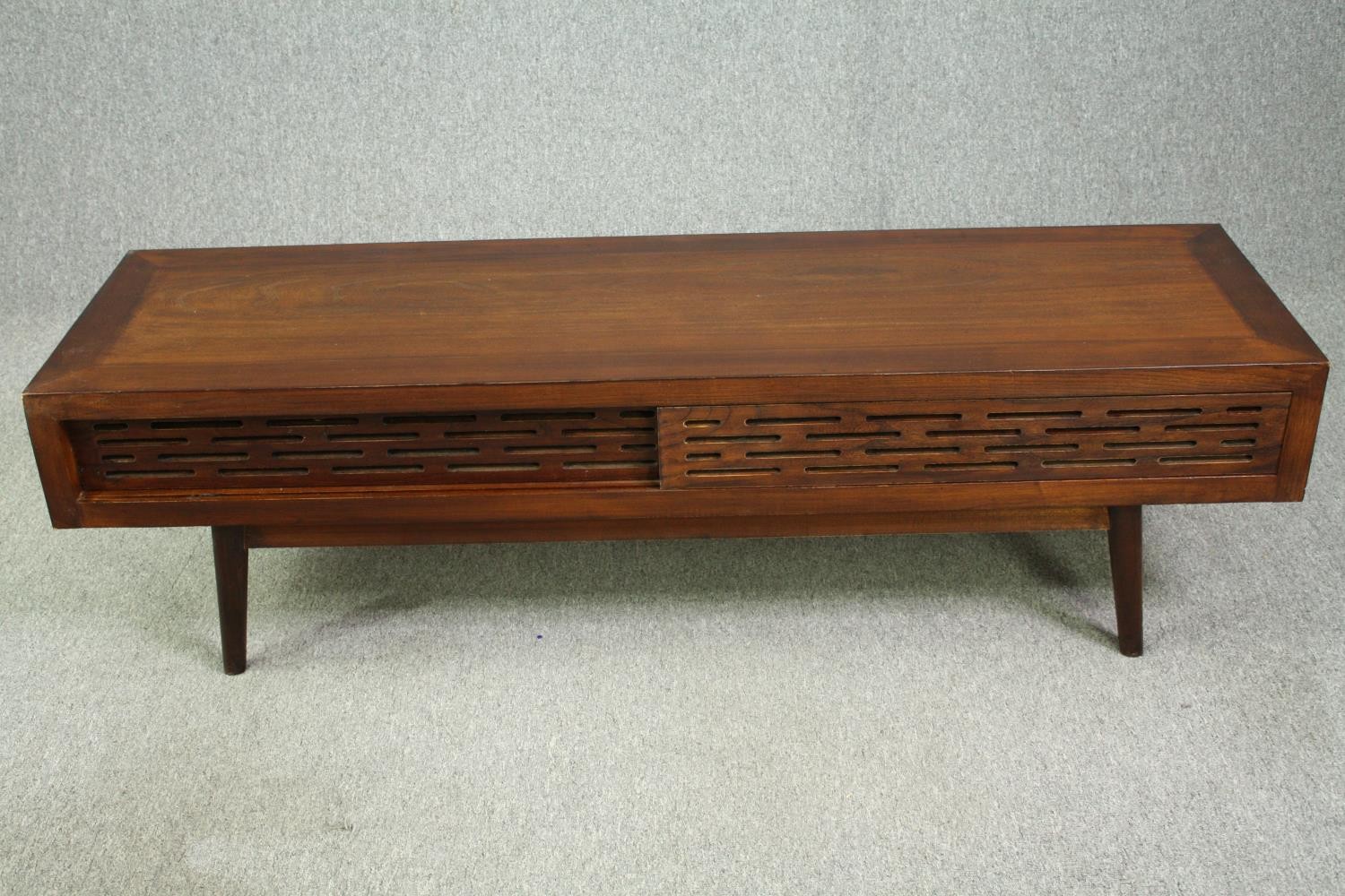 A large retro styled hardwood low side table or coffee table. H.45 W.160 D.45cm.