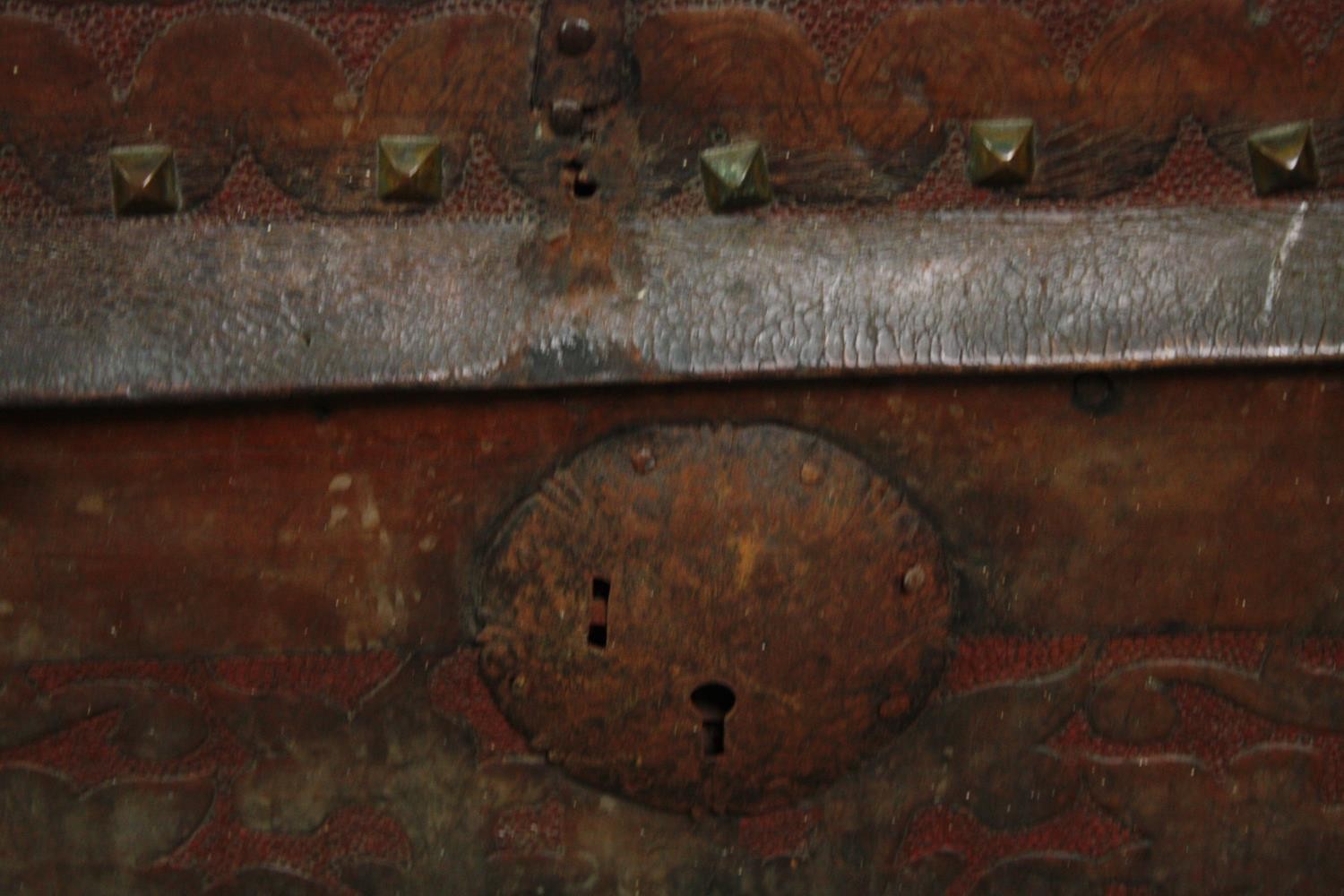 Travelling trunk, 19th century studded embossed leather. H.47 W.110 D.54cm. - Image 9 of 14