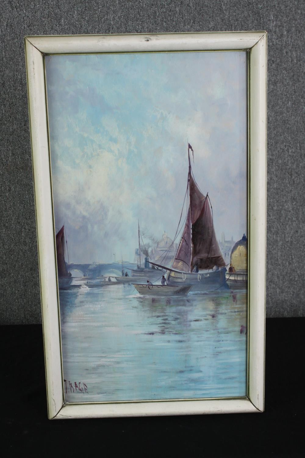 Oil on board of sailing boats on a river, indistinctly signed, BAGE? H.72 W.42cm. - Image 2 of 4