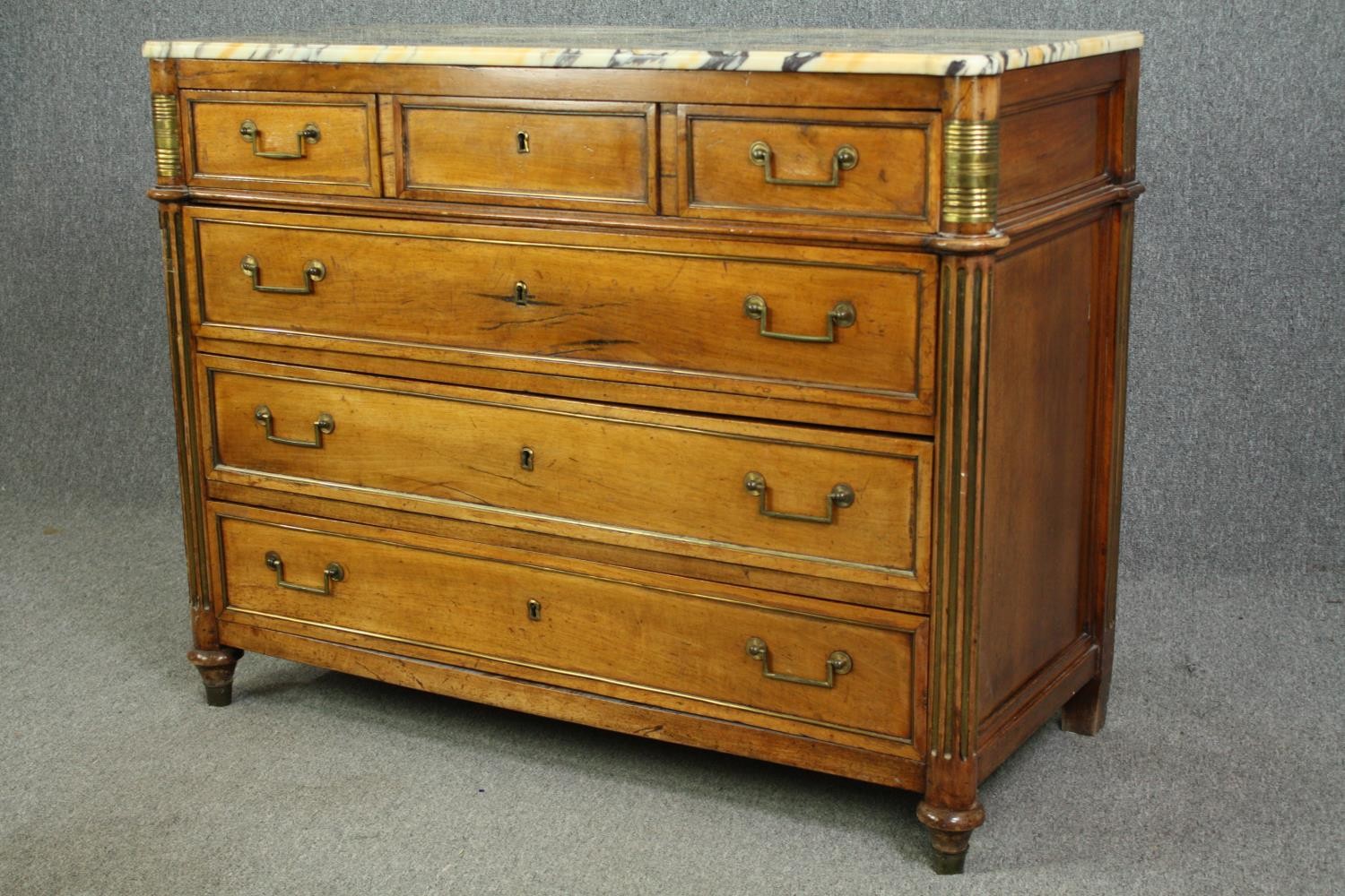 A French Directoire walnut commode, with a breccia marble top, 19th century. H.98 W.126 D.57cm. - Image 3 of 11