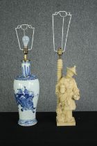 Two Oriental table lamps, a plaster figure of a woman, and the other a Chinese blue and white