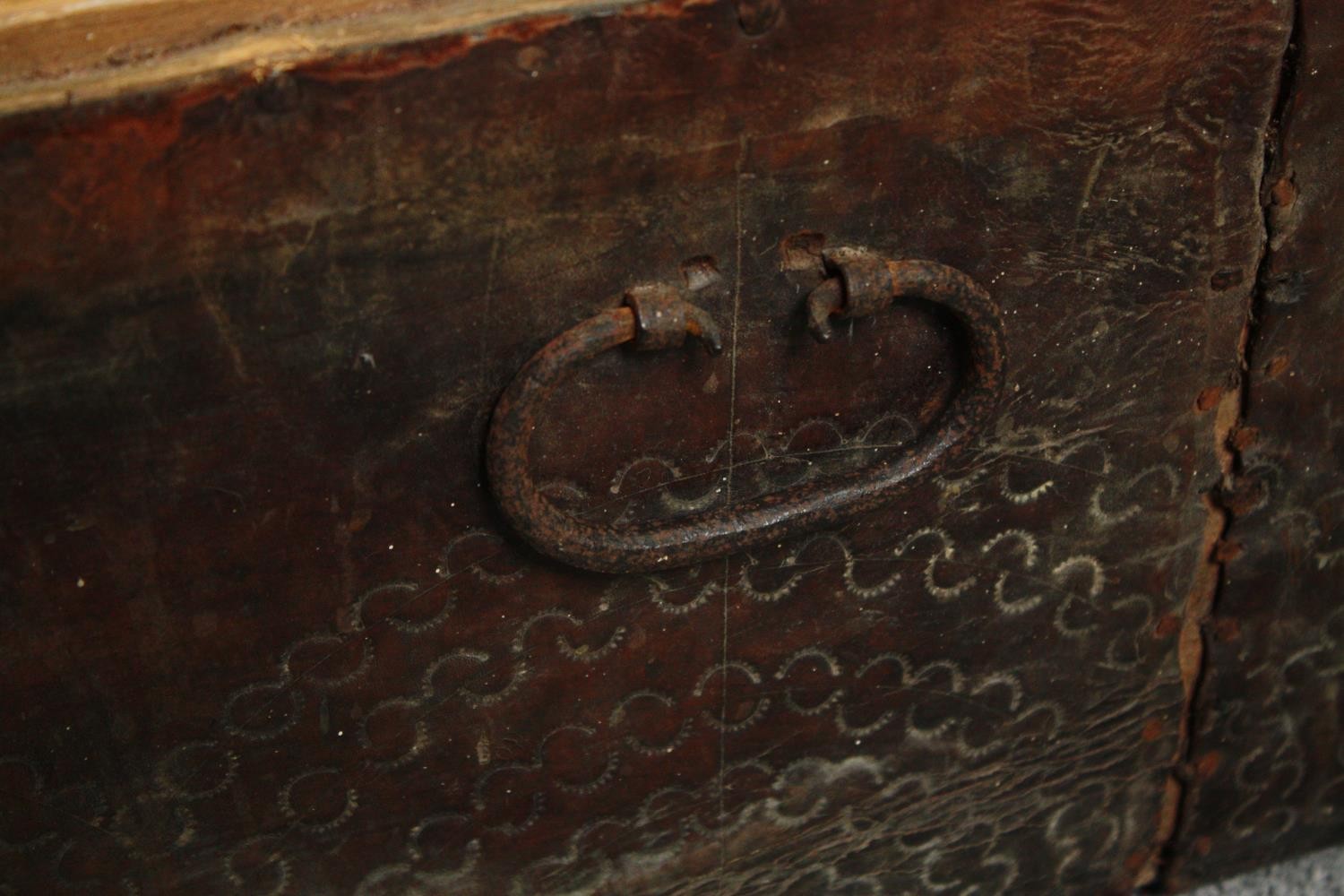 Travelling trunk, 19th century studded embossed leather. H.47 W.110 D.54cm. - Image 10 of 14