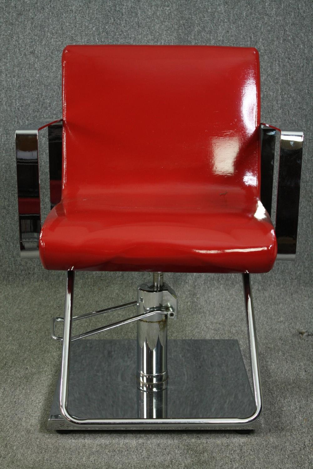 A pair of chrome barber shop chairs H.87cm. (each) with faux leather upholstery refinished in - Image 3 of 6