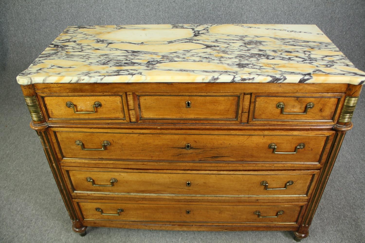 A French Directoire walnut commode, with a breccia marble top, 19th century. H.98 W.126 D.57cm. - Image 5 of 11