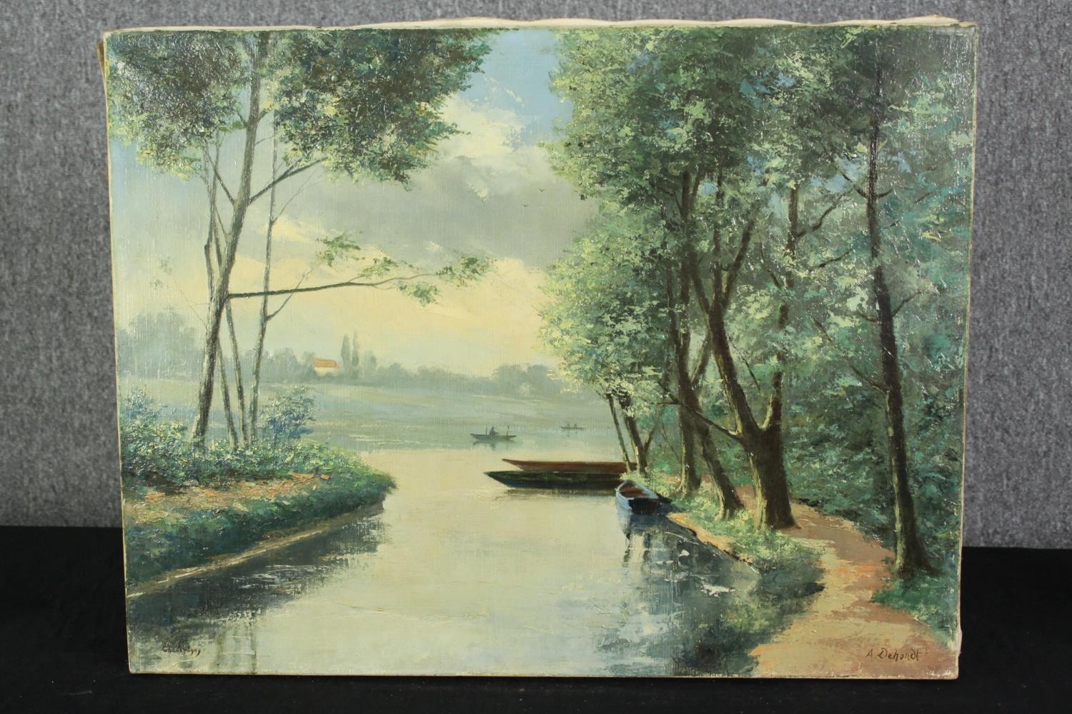 A. Dohondt, oil on canvas depicting a river and boats, signed. H.50 W.65cm. - Bild 2 aus 4