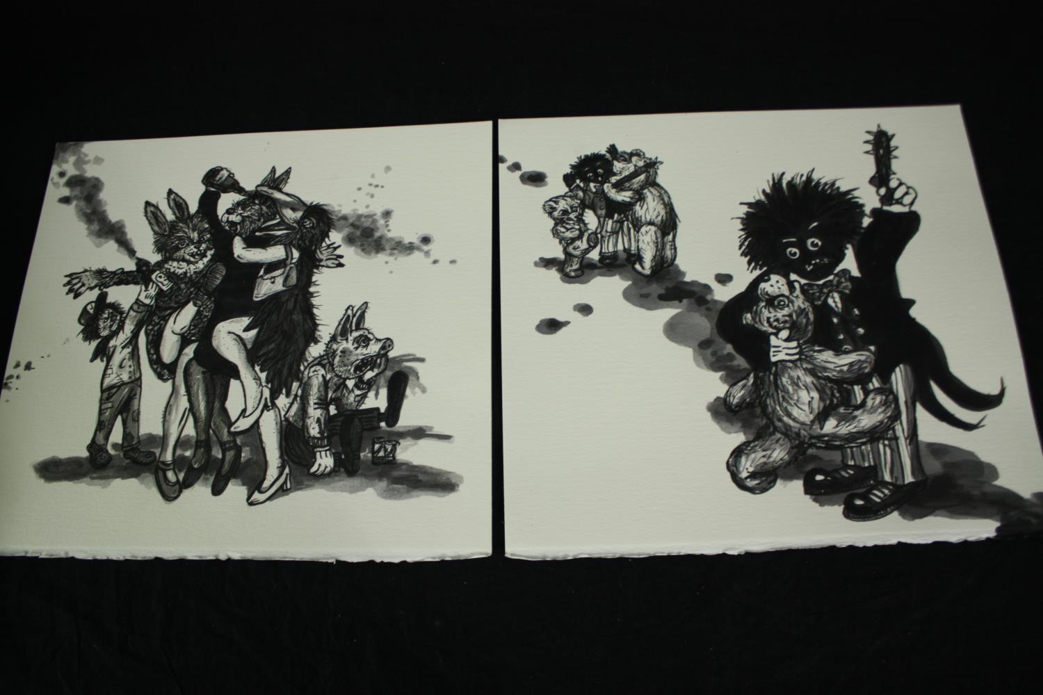 A set of ten pen and wash bizarre works of art, with anthropomorphic creatures in states of war, - Image 5 of 10