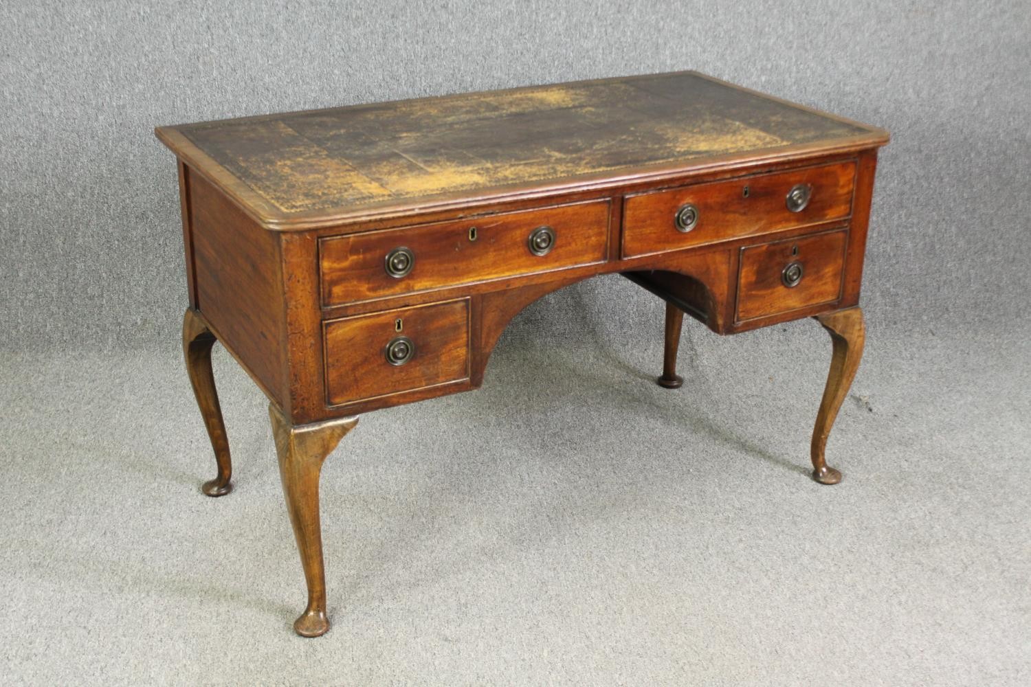 A George II style mahogany writing desk, with a worn leather top. H.76 W.123 D.66cm. - Image 2 of 5