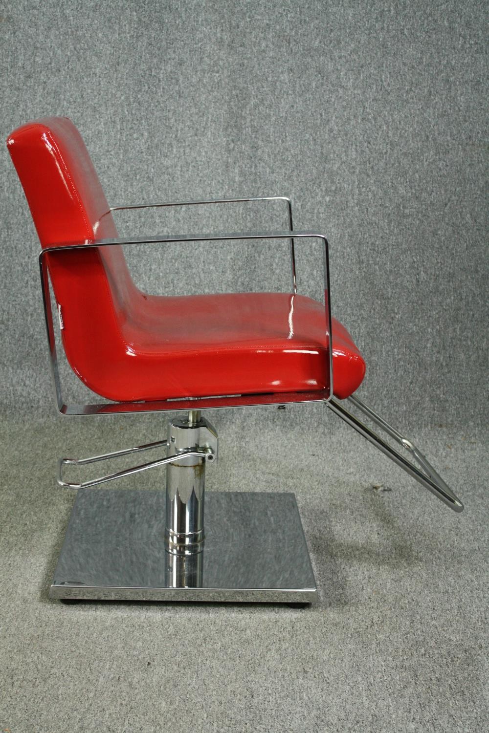 A pair of chrome barber shop chairs H.87cm. (each) with faux leather upholstery refinished in - Image 5 of 6