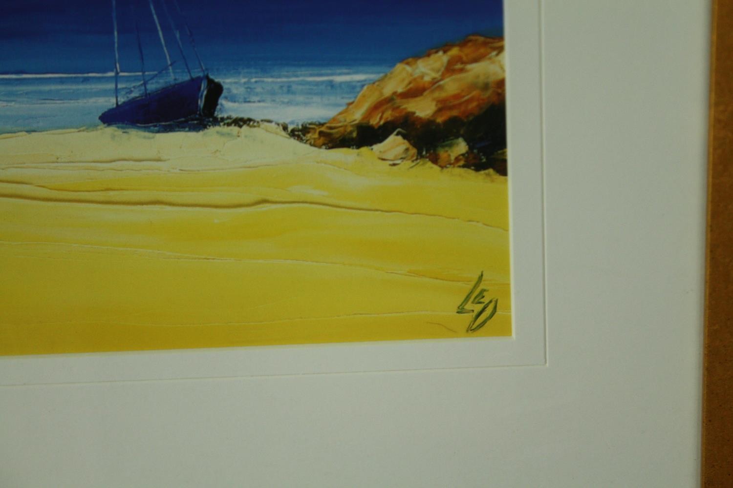 A print of a tranquil beach scene with boats, framed and glazed. H.53 W.44cm. - Bild 3 aus 4