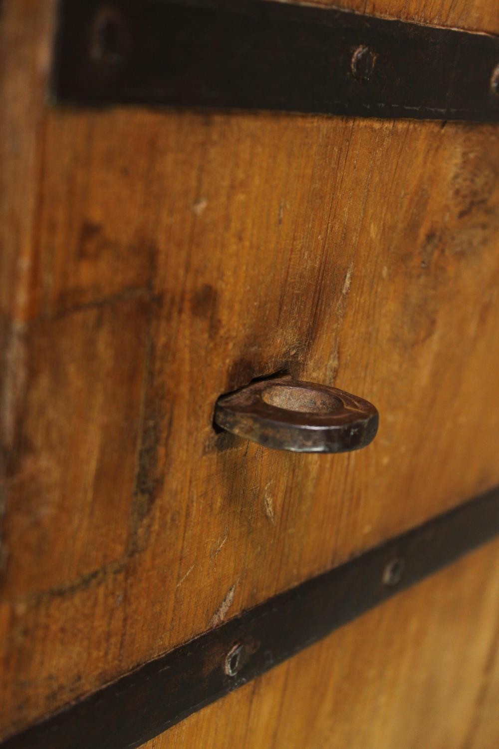 A continental pitch pine and metal bound lidded chest, probably 19th century, H.70 W.110 D.60cm. - Image 6 of 12