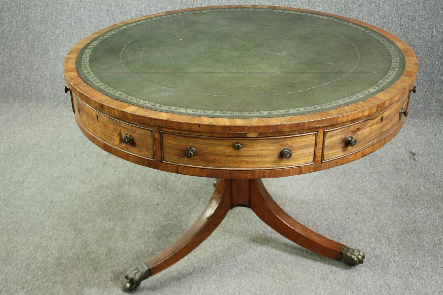 A Regency mahogany drum top library table, with a green tooled leather inset top, 19th century. H.76 - Image 3 of 8