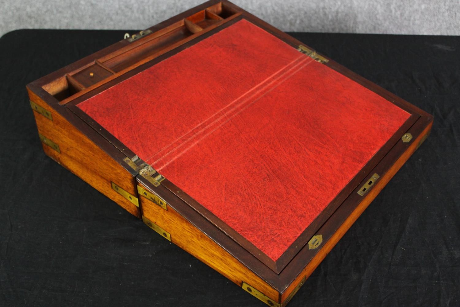 A Victorian mahogany and brass mounted writing slope, with a red leather fitted interior. H.18 W. - Image 4 of 6