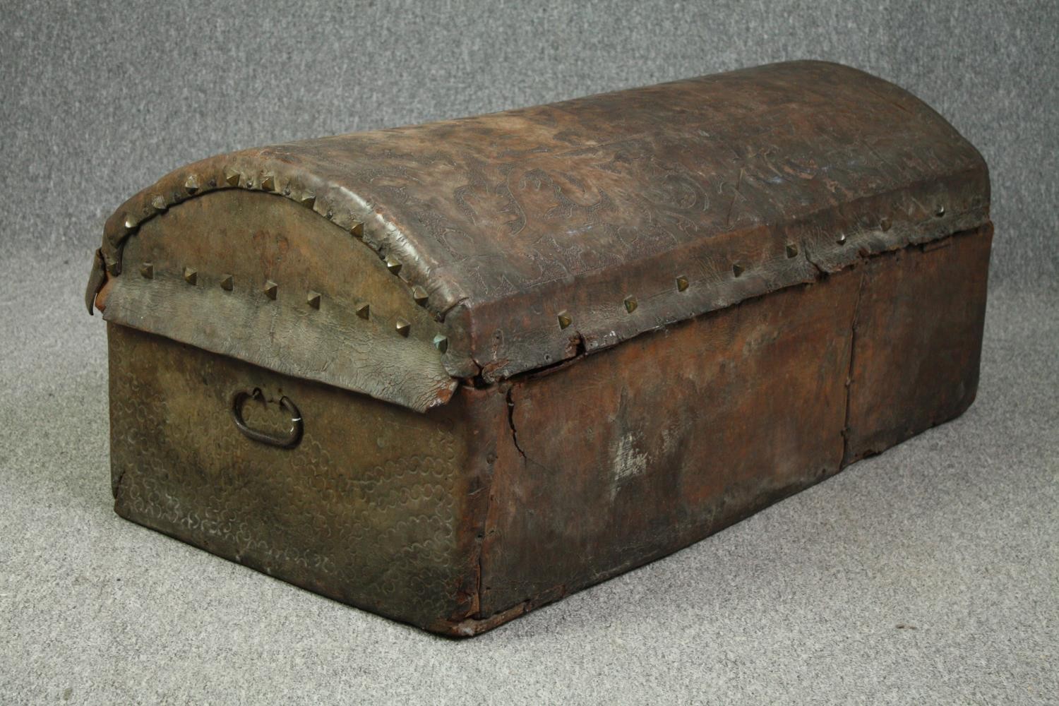 Travelling trunk, 19th century studded embossed leather. H.47 W.110 D.54cm. - Image 6 of 14