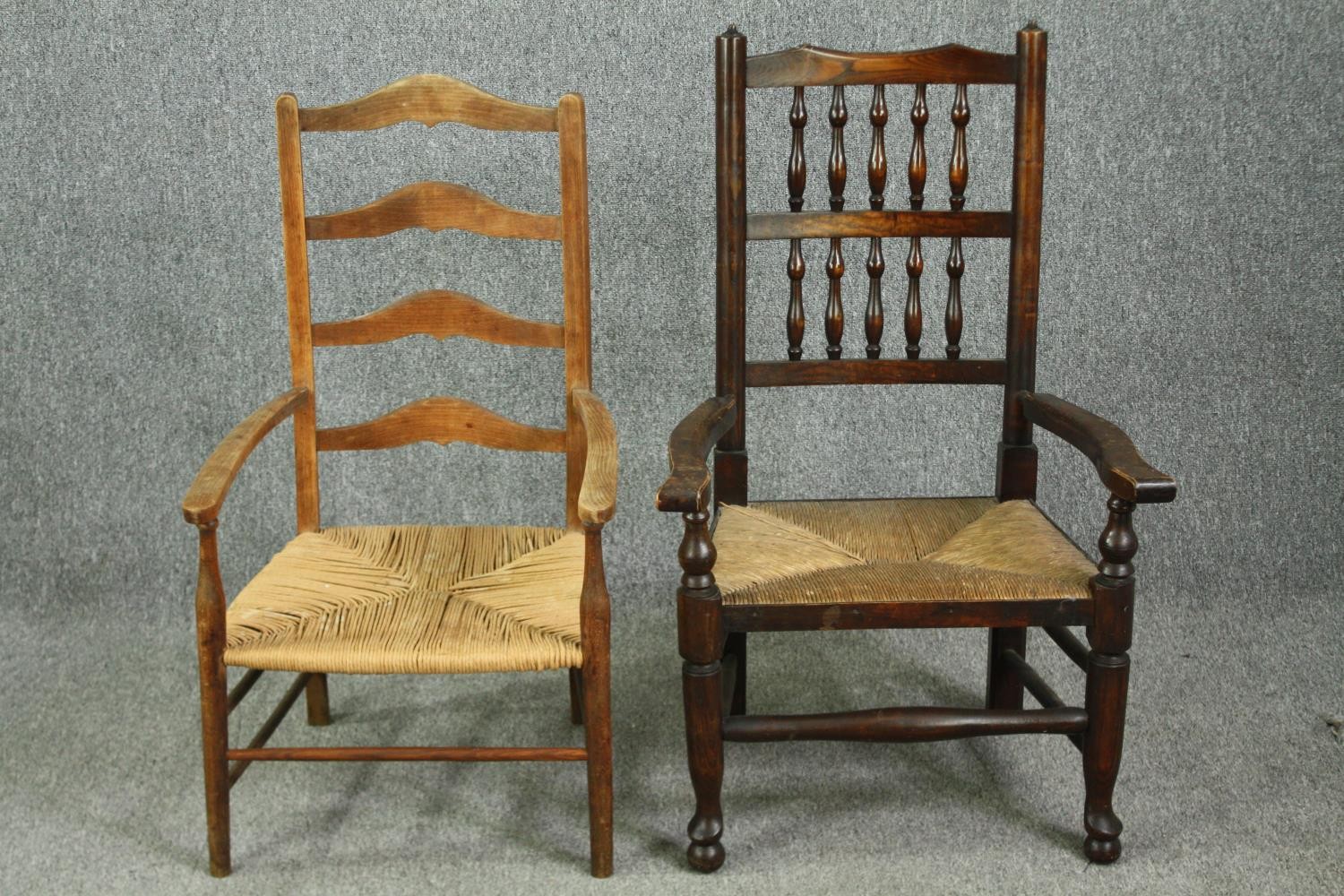A 19th century elm Lancashire country spindle back armchair, and another with a ladderback, with