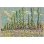 An Impressionist style oil on canvas of poplar trees, in a limed pine frame. H.90 W.115cm.