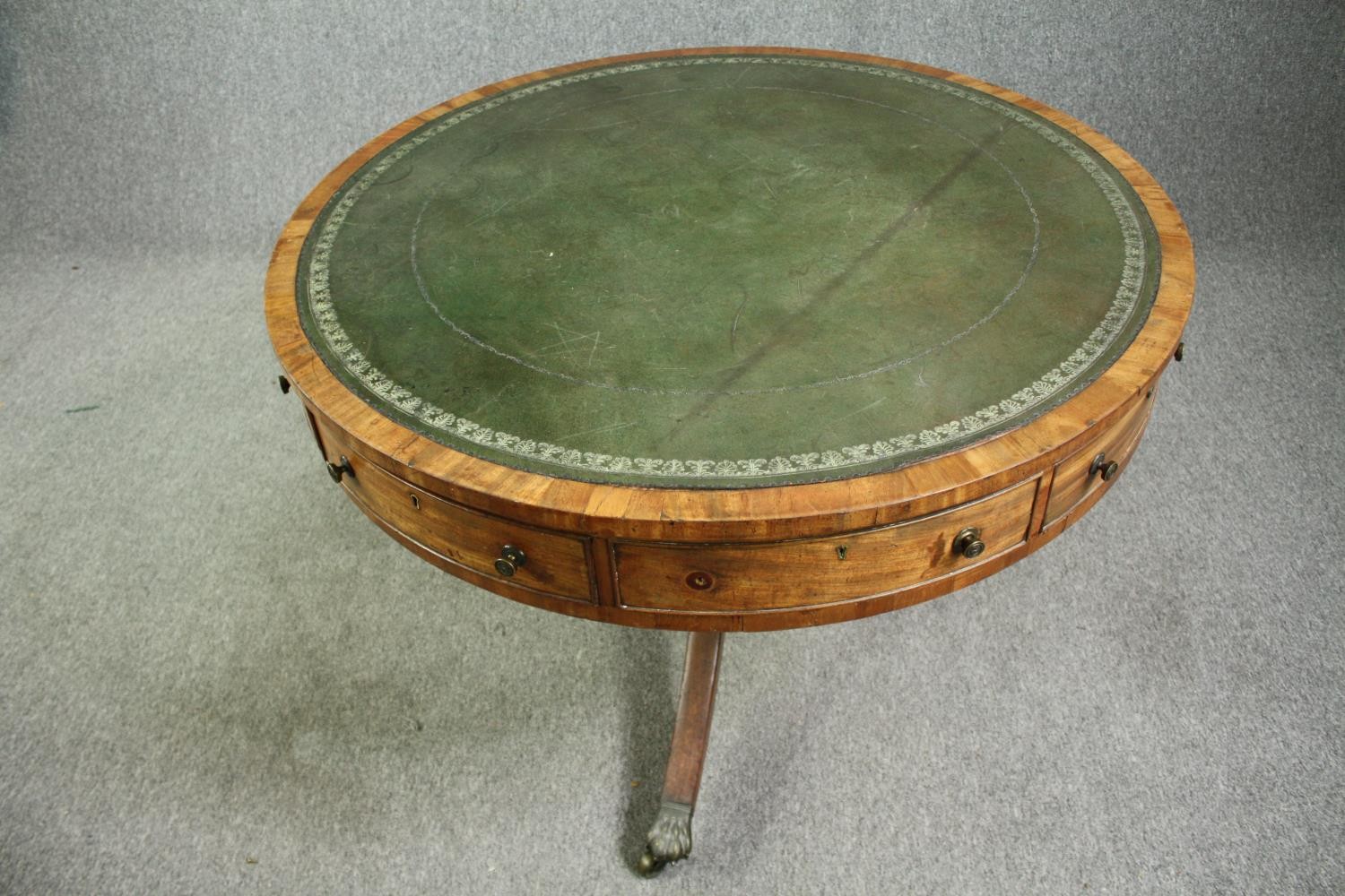 A Regency mahogany drum top library table, with a green tooled leather inset top, 19th century. H.76 - Image 2 of 8
