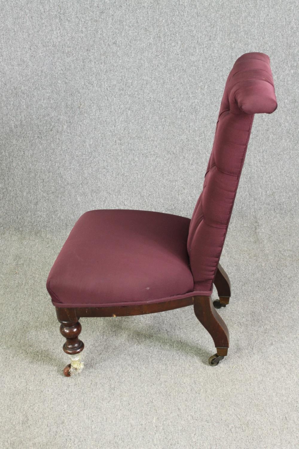A Victorian mahogany prie dieu chair with modern aubergine textured upholstery. H.96cm. - Image 4 of 6