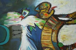 Shezad Dawood (B.1974), oil on canvas, modernist style cat with a bird, signed, unframed. H.46 W.