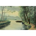 A. Dohondt, oil on canvas depicting a river and boats, signed. H.50 W.65cm.