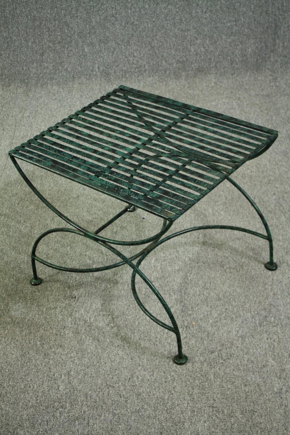 A contemporary verdigris patinated metal garden or conservatory table H.48 W.55 D.47cm. - Image 3 of 4