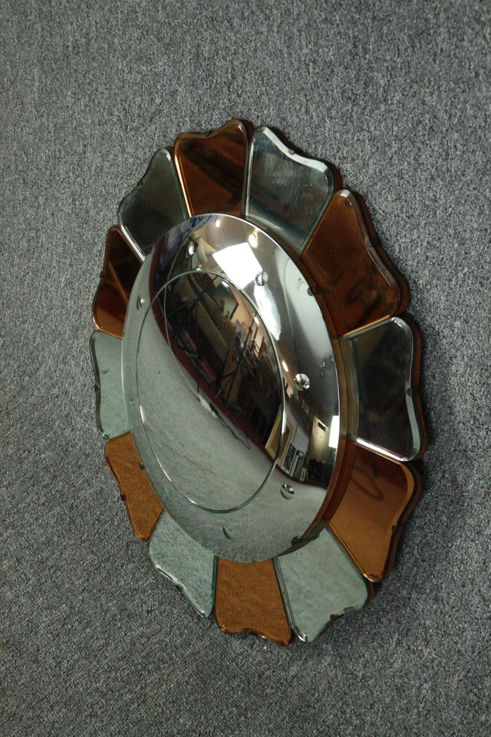 A mid 20th century shaped and partially coloured glass convex mirror, in the form of a flower - Image 3 of 5