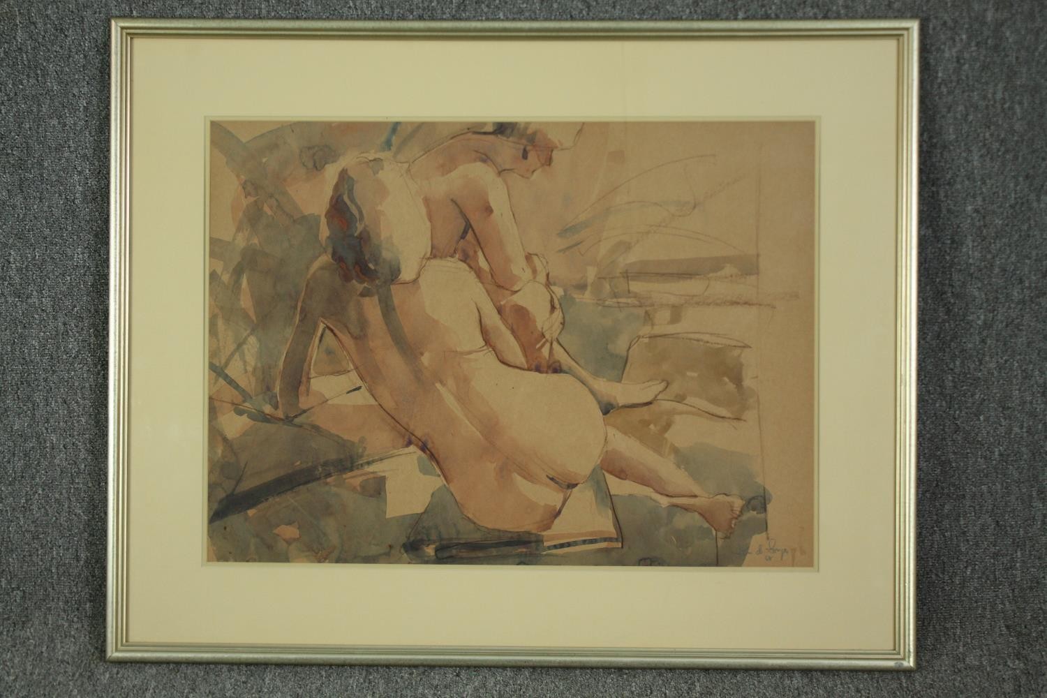 Watercolour study of nudes, indistinctly signed, framed and glazed. H.79 W.98cm. - Image 2 of 4