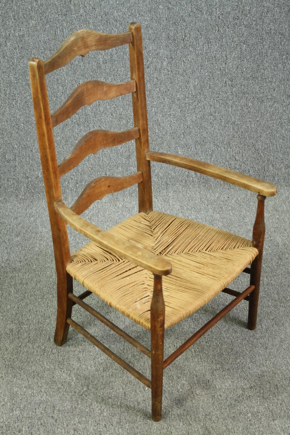 A 19th century elm Lancashire country spindle back armchair, and another with a ladderback, with - Image 8 of 11