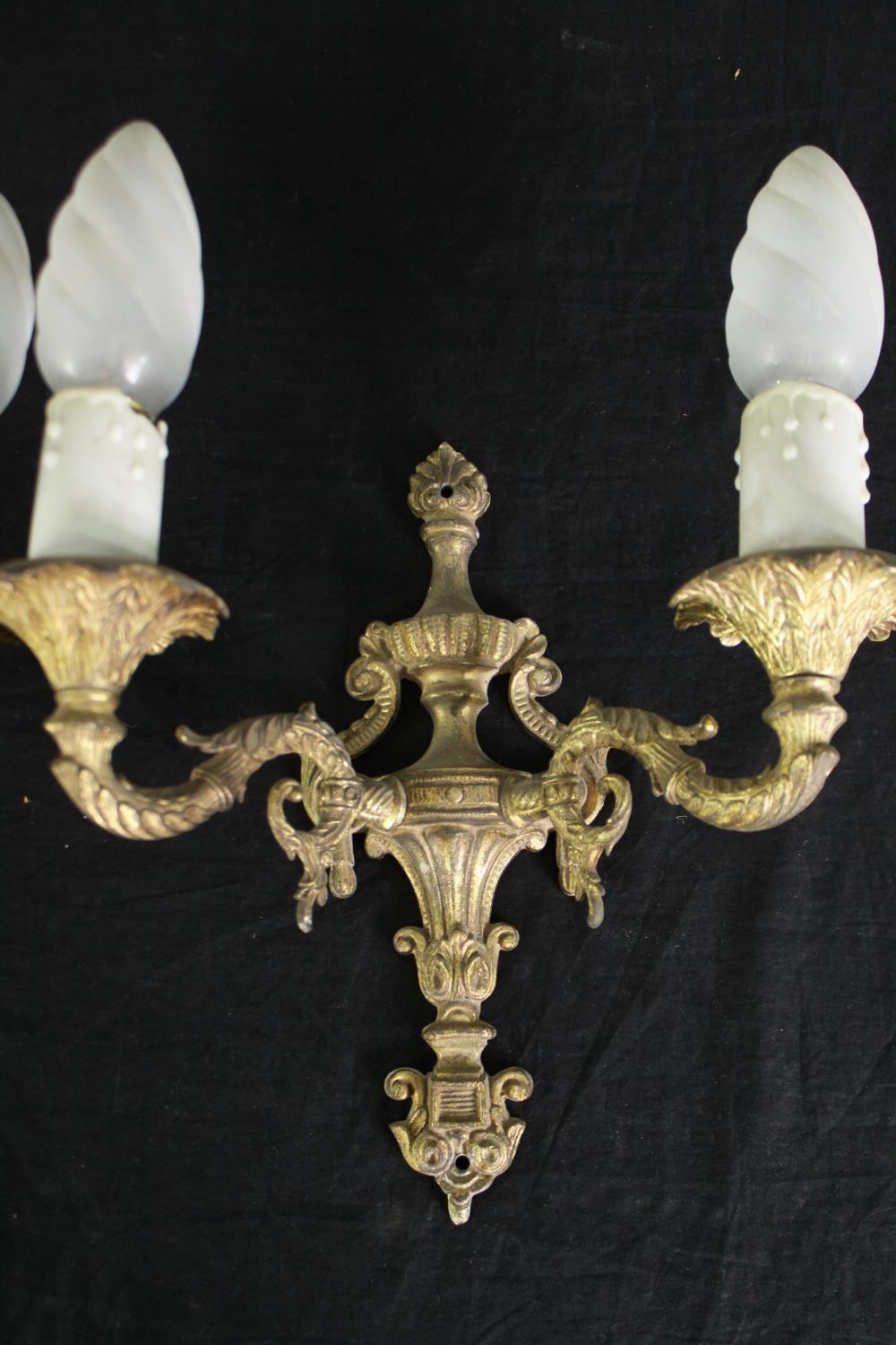 A set of three 18th century style gilt metal wall lights (one broken) H.26 W.27cm. (each). - Image 3 of 5