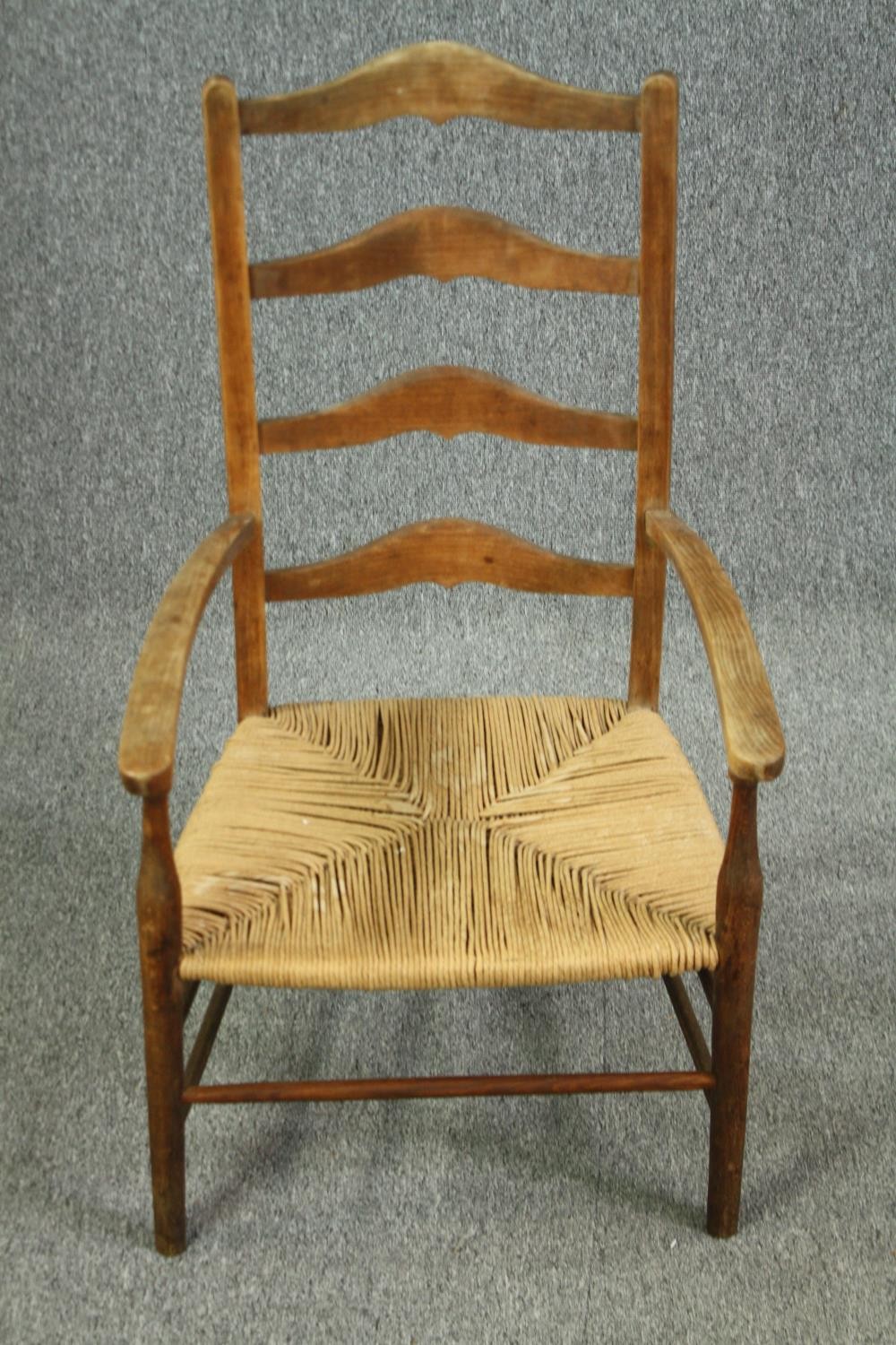 A 19th century elm Lancashire country spindle back armchair, and another with a ladderback, with - Image 7 of 11