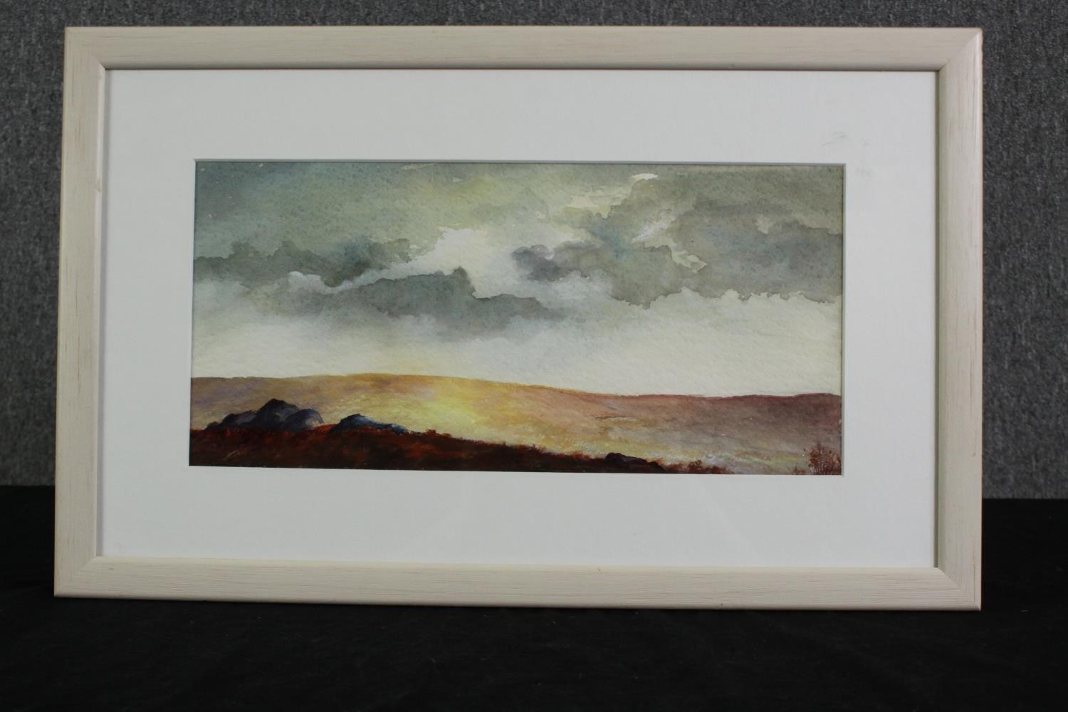 A watercolour landscape of Dartmoor, framed and glazed. H.31 W.49cm. - Image 2 of 4