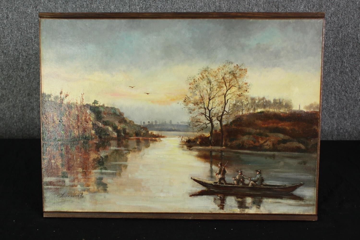 An oil on canvas of men game hunting in a small boat on a morning lake, early 20th century, signed - Image 2 of 4