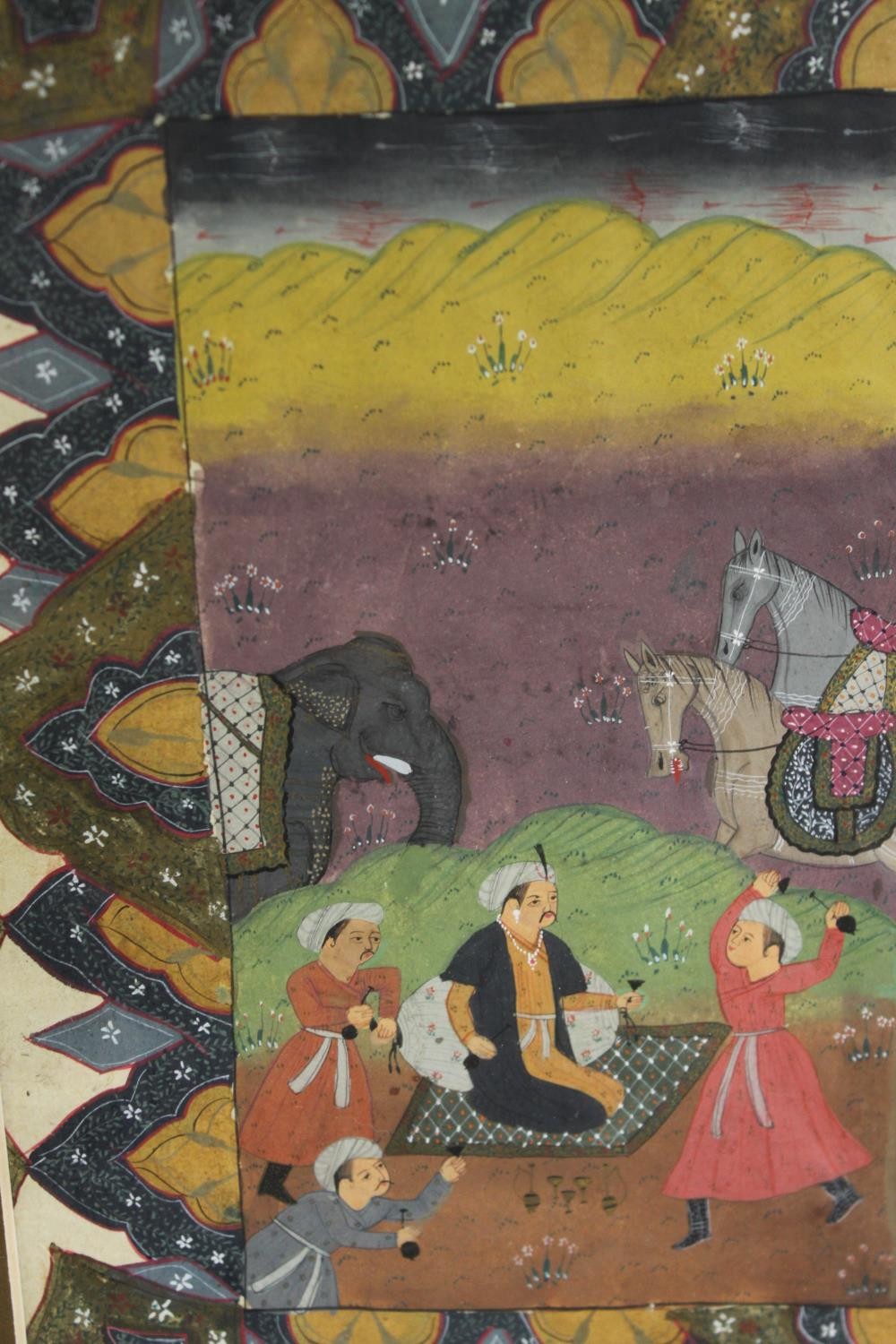 Two Indian Mughal paintings, one depicting a hunt, the other with courtiers, the largest in a glazed - Image 3 of 4