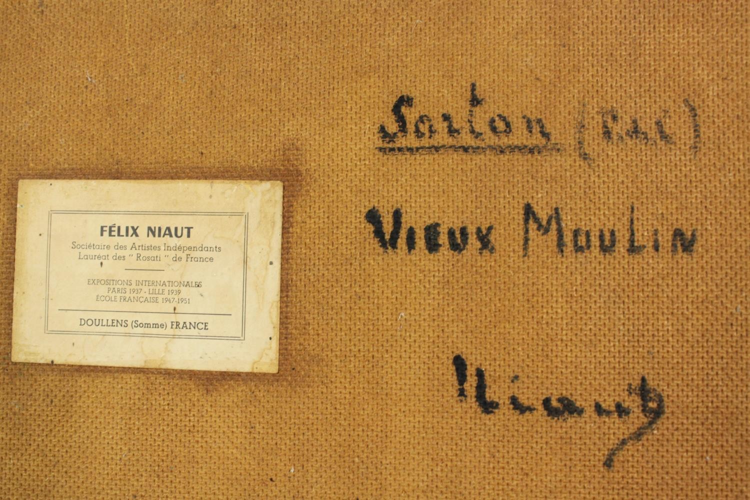 An Impressionist style oil on board of Vieux-Moulin, signed Sarton, with exhibition label. H.35 W. - Bild 5 aus 5