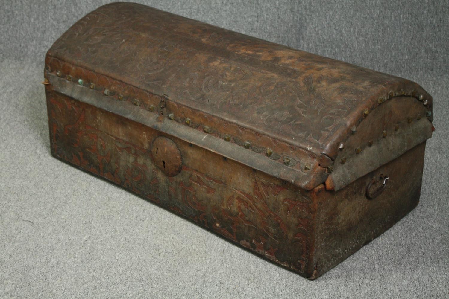 Travelling trunk, 19th century studded embossed leather. H.47 W.110 D.54cm. - Image 3 of 14