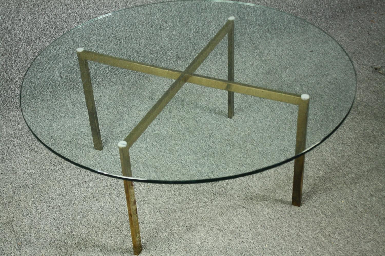 A vintage glass coffee table on brass supports. H.39 Dia.91cm. - Bild 4 aus 5