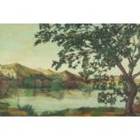 An oil on canvas, a lake and hills signed Paradis, 20th century. H.47 W.65cm.