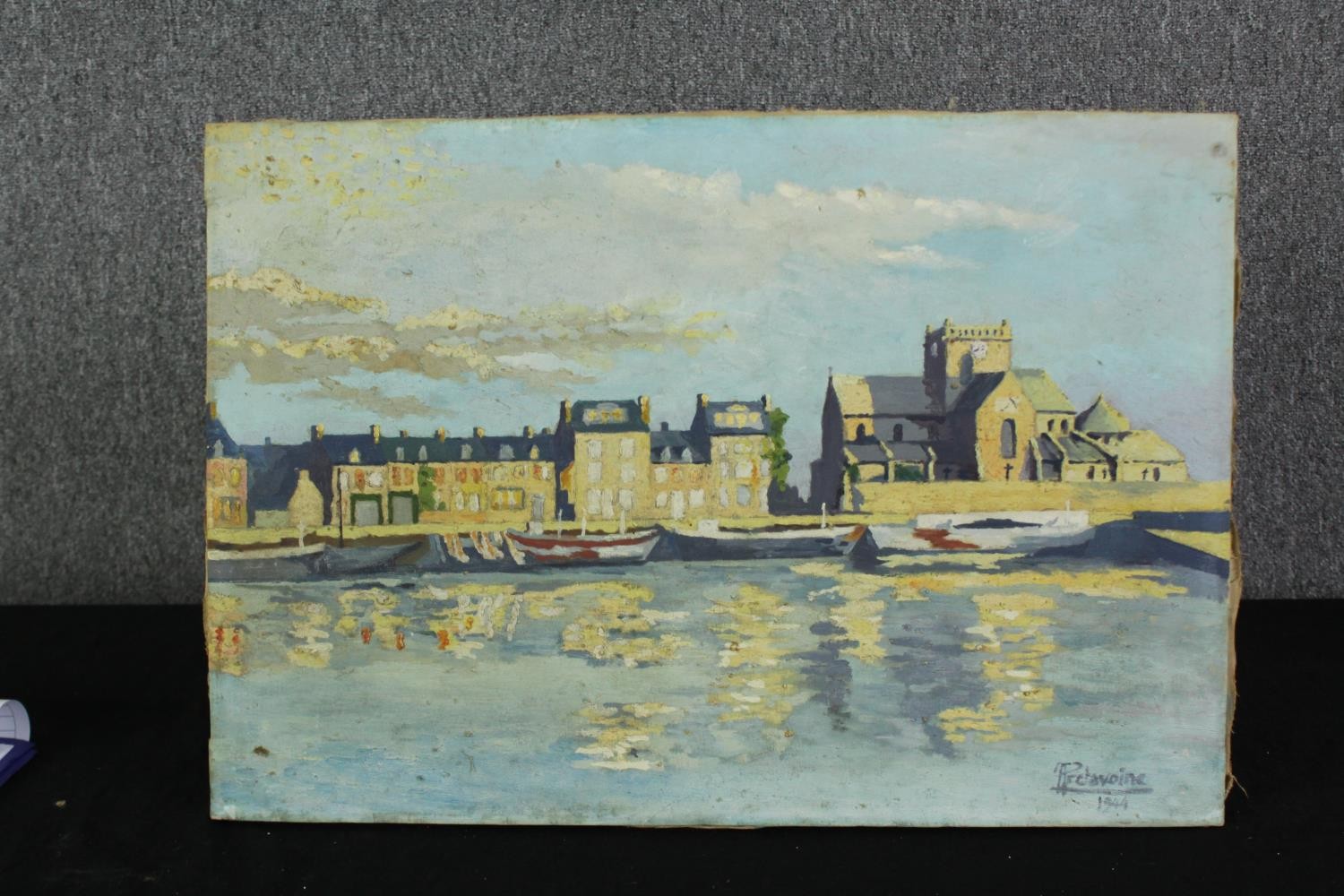 Pretavoine, an Impressionist style oil on canvas of a harbour, signed and dated 1944. H.38 W.55cm. - Image 2 of 4