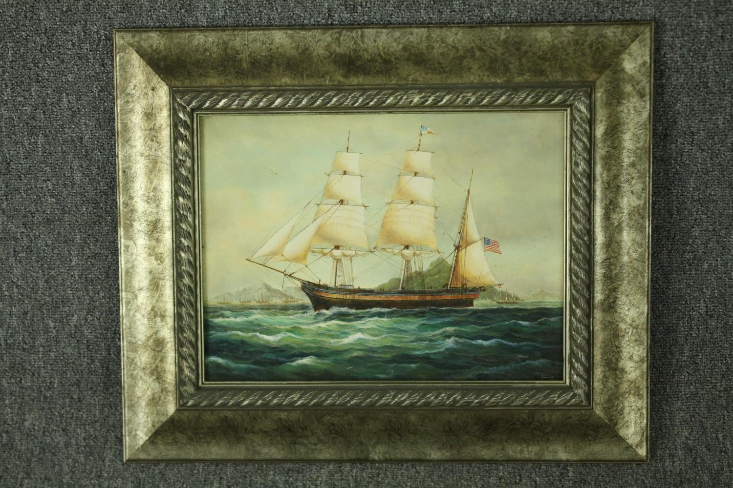 Oil on board, probably an American missionary ship, in painted and gadrooned frame. H.48 W.38cm. - Image 2 of 3