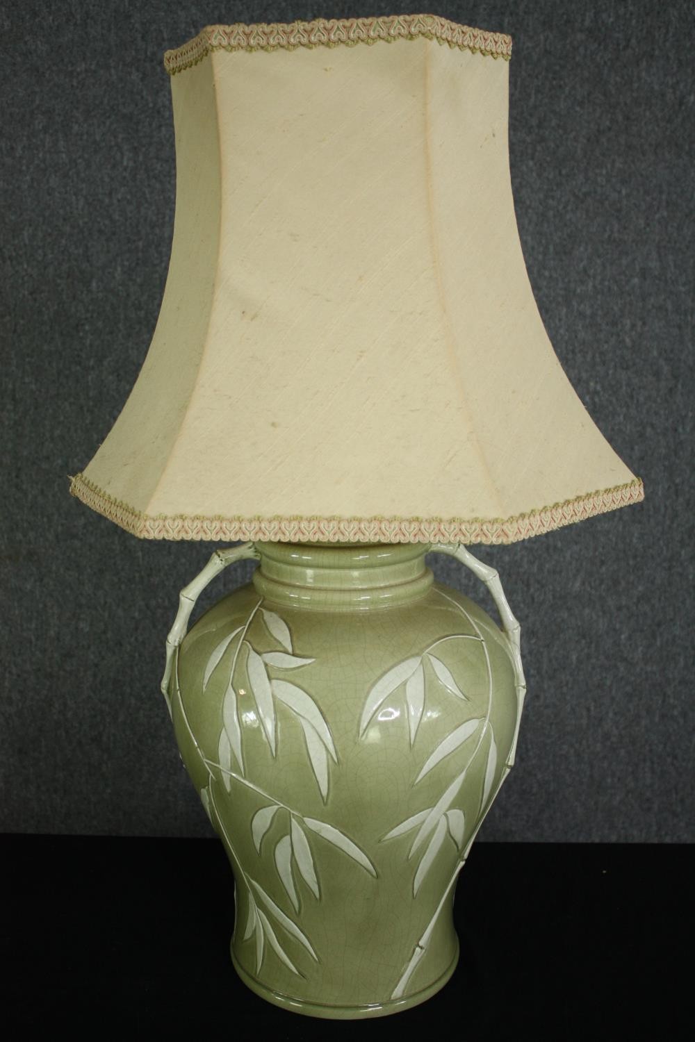 A pair of celadon glazed baluster table lamps, with bamboo decoration. H.49cm. (largest). - Image 2 of 5