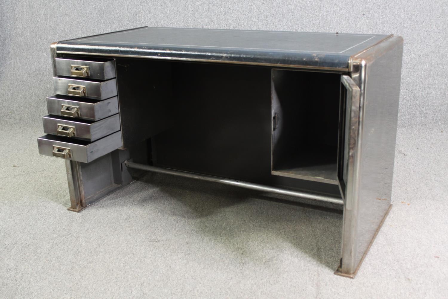 An industrial steel and leather desk by Harvey Milner, H.72 W.121 D.62cm. - Image 7 of 11