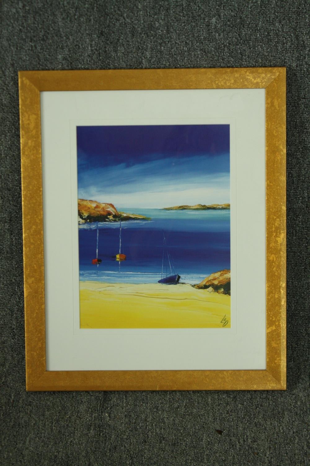 A print of a tranquil beach scene with boats, framed and glazed. H.53 W.44cm. - Image 2 of 4