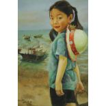 Oil on canvas, eastern portrait of a young girl on a beach with boats, signed and dated Angxin,